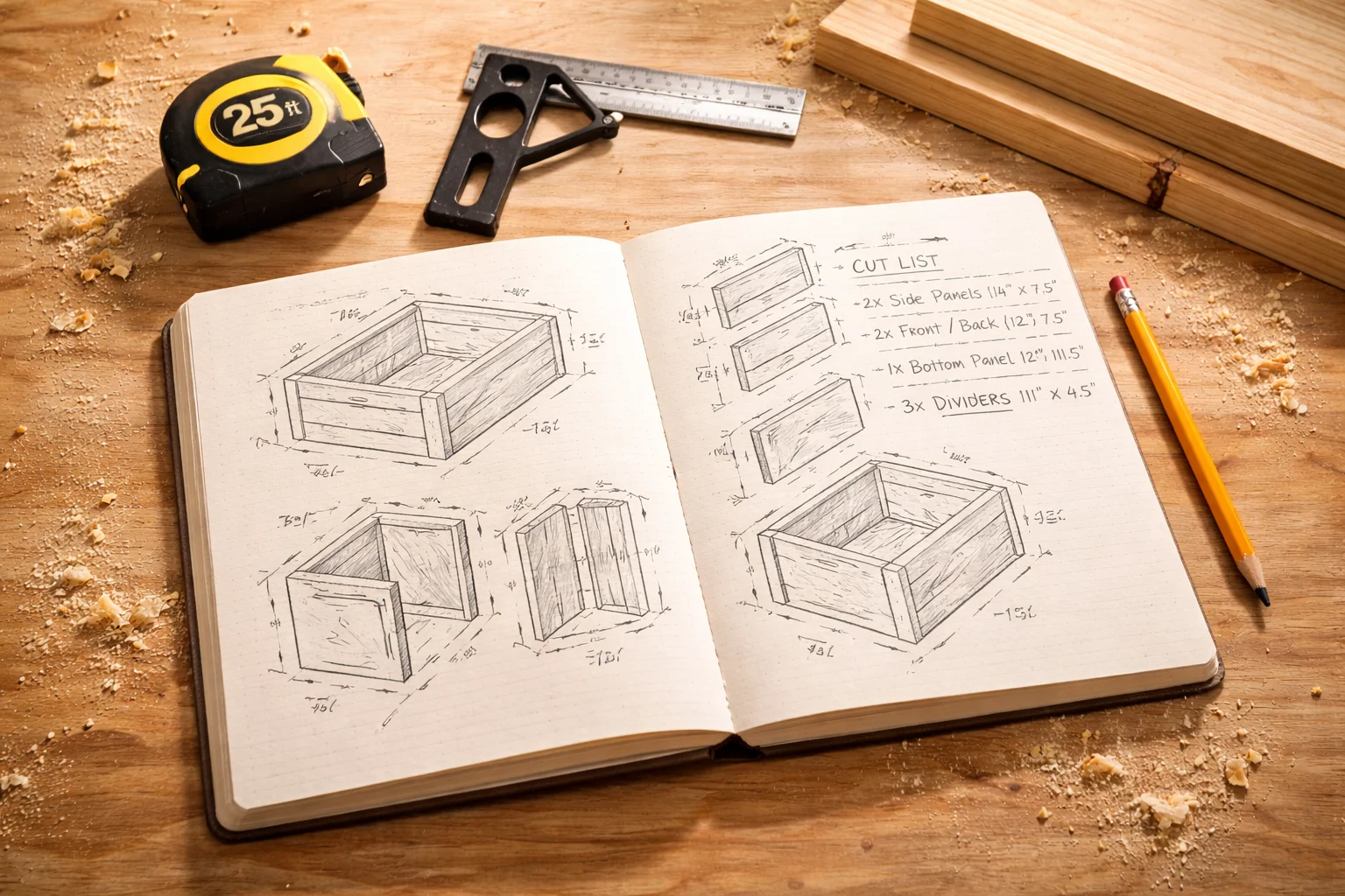 Plan de menuiserie détaillé sur établi